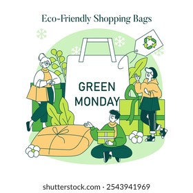 Green Monday concept. People engaging in sustainable shopping with eco-friendly bags, promoting environmental responsibility. Vector illustration.