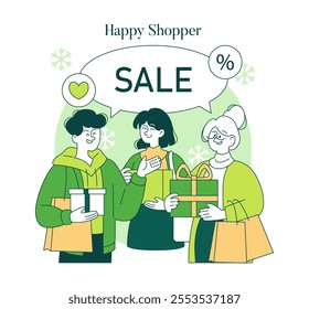 Green Monday concept. Shoppers enjoying holiday sales, holding gifts, and expressing happiness. Winter retail discount event. Vector illustration.