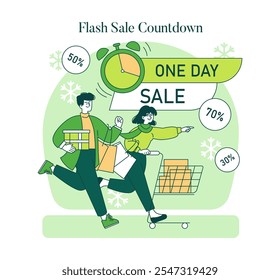 Concepto de Lunes Verde. Compradores corriendo en un evento de venta cronometrada con descuentos destacados. Emoción por ofertas de un día y gangas de temporada. Ilustración vectorial.