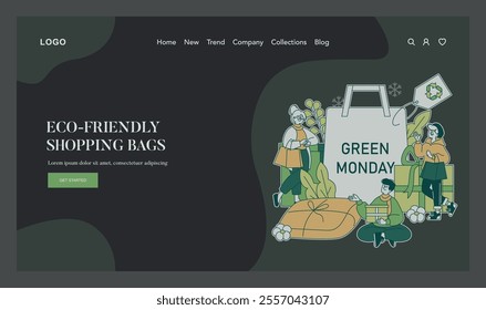 Green Monday concept. Shoppers using reusable bags to promote eco-friendly practices. Encouraging sustainable consumer habits and environmental awareness. Vector illustration.