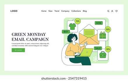 Green Monday concept. A woman interacts with an online sale for eco-friendly products during a Green Monday email campaign. Promotional discounts displayed. Vector illustration.