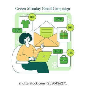 Concepto de campaña de correo electrónico de Lunes Verde. Una persona Plan un evento de venta con descuentos en productos ecológicos. Compras en línea, ofertas de descuento y marketing por correo electrónico. Ilustración vectorial.