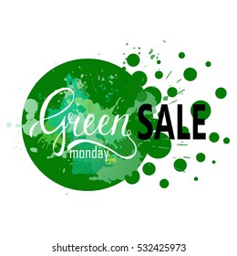 Green monday sale lettering on watercolor green splash background. Isolated on white