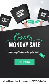 Green monday sale  vertical banner. Green monday background with shopping bags in shoppers hands. Vector winter illustration