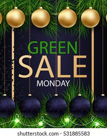 Green monday sale winter background. With fir tree branches and new year balls, garland in Golden Frame