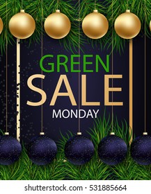 Green monday sale winter background. With fir tree branches and new year balls in Golden Frame.