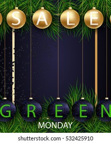 Green monday sale winter background. With fir tree branches and new year balls, in Golden Frame. Text on golden and blue new year balls