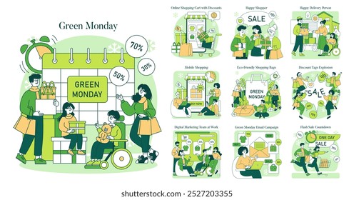 Lunes verde. Los compradores y vendedores participan en eventos de descuento conscientes del medio ambiente. Celebrar las compras sostenibles, las promociones digitales y las ofertas oportunas. Ilustración vectorial.