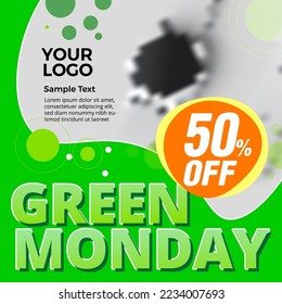 Green Monday social media post, tile, poster vector background, editable design with 50% off tag