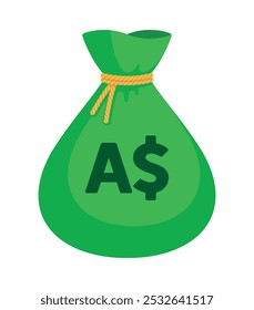 Bolsa de dinero verde con un signo de dólar australiano y corbata amarilla. Economía, finanzas, riqueza, ganancias, ingresos, banca, concepto de moneda AUD. Ilustración vectorial plana aislada en un fondo blanco