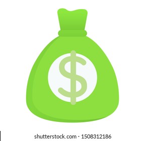Green money bag with dollar sign on it. Sack with cash, coins for paying bills and buying goods. Full pocket with american bucks. Finances for back account or fund. Isolated icon, vector illustration