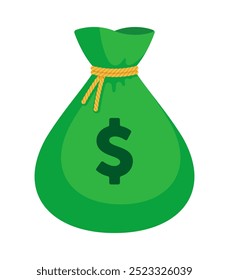Green money bag with a dollar sign and yellow rope tie. Flat vector illustration isolated on a white background. Economy, finance, wealth, investment, savings, profit, income, budget, banking concept