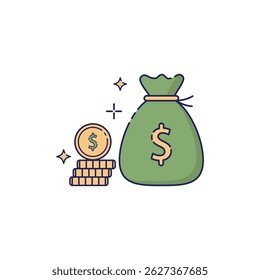 Green money bag with dollar signs and gold coins.