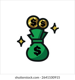 Green money bag filled with gold coins, representing wealth, savings, finances. Suitable for finance, investment, banking, success concepts in design projects.