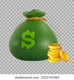 Green money bag with golden coins. Bright modern design element. Creative colorful vector 3d art illustration isolated on transparent background.