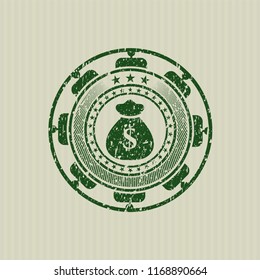 Green money bag icon inside distressed rubber seal