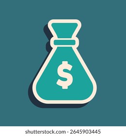 Green Money bag icon isolated on green background. Dollar or USD symbol. Cash Banking currency sign. Long shadow style. Vector