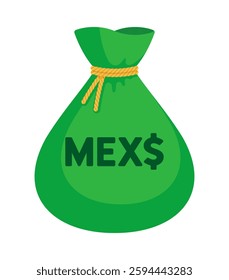 Green money bag with Mexican Peso sign (Mex$). Economy, finance, wealth, profit, income, banking, MXN currency concept. Flat vector illustration isolated on a white background