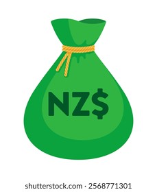 Green money bag with New Zealand dollar sign ($, NZ$). Economy, finance, wealth, profit, income, banking, NZD currency concept. Flat vector illustration isolated on a white background