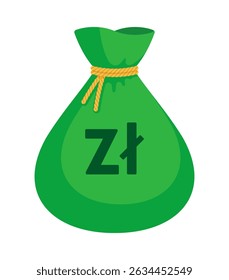 Green money bag with Polish Złoty sign (zł). Economy, finance, wealth, profit, income, banking, PLN currency concept. Flat vector illustration isolated on a white background