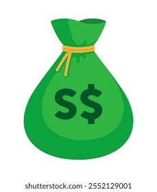 Green money bag with Singapore dollar sign (S$) and yellow rope tie. Economy, finance, wealth, profit, income, banking, SGD currency concept. Flat vector illustration isolated on a white background