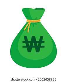 Green money bag with South Korean won sign (₩, 원) and yellow rope tie. Economy, finance, wealth, profit, income, banking, KRW currency concept. Flat vector illustration isolated on a white background