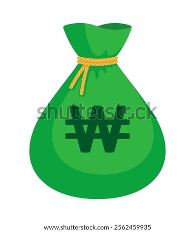 Green money bag with South Korean won sign (₩, 원) and yellow rope tie. Economy, finance, wealth, profit, income, banking, KRW currency concept. Flat vector illustration isolated on a white background