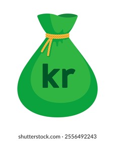 Green money bag with Swedish (SEK), Norwegian (NOK), Danish krone (DKK). Economy, finance, wealth, profit, income, banking, kr currency concept. Flat vector illustration isolated on a white background