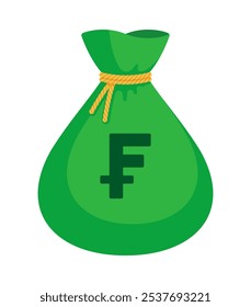 Green money bag with a Swiss franc sign and yellow rope tie. Economy, finance, wealth, profit, income, banking, CHF currency concept. Flat vector illustration isolated on a white background