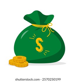 Green money bag tied with a yellow string, dollar symbol and coins nearby, cartoon style, on a white background, concept of wealth