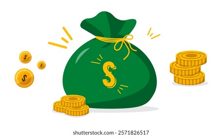 Green money bag tied with a yellow string, surrounded by gold coins on a white background, symbolizing wealth and financial success