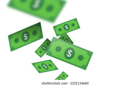 Green money bills falling on empty white background with copy space. Isolated cash notes illustration for finance or business concept. 