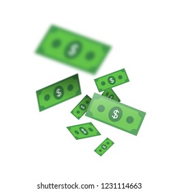 Green money bills falling on empty white background. Isolated cash notes illustration for finance or business concept. 
