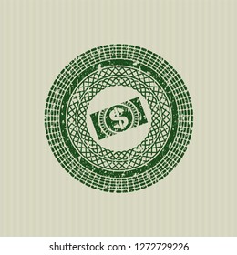 Green money, dollar bill icon with rubber seal texture
