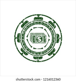 Green money icon inside distress rubber grunge seal