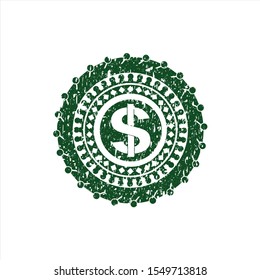 Green money icon inside distress rubber grunge texture stamp