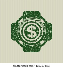 Green money icon inside distressed grunge style stamp