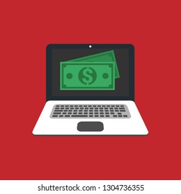 green money icon and laptop