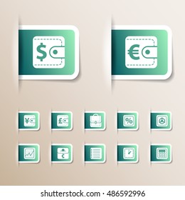 Green money icons set of various sizes with different symbols and white frames isolated on grey background flat vector illustration