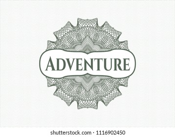 Green money style emblem or rosette with text Adventure inside