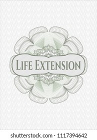 Green money style emblem or rosette with text Life Extension inside