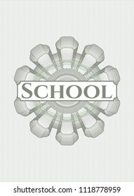 Green money style emblem or rosette with text School inside