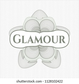 Green money style emblem or rosette with text Glamour inside