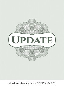 Green money style emblem or rosette with text Update inside