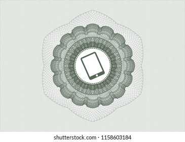 Green money style emblem or rosette with mobile phone icon inside