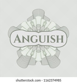 Green money style emblem or rosette with text Anguish inside