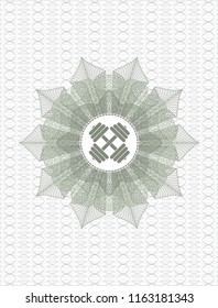 Green money style emblem or rosette with dumbbell icon inside