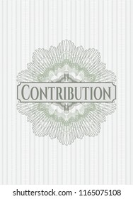 Green money style emblem or rosette with text Contribution inside