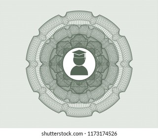 Green money style emblem or rosette with graduation icon inside