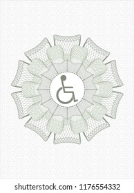 Green money style emblem or rosette with disabled (wheelchair) icon inside